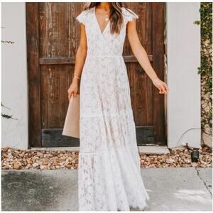 Aakaa Steadfast Love Lace Wrap Maxi Dress Lined Cap Sleeves Size Medium NEW